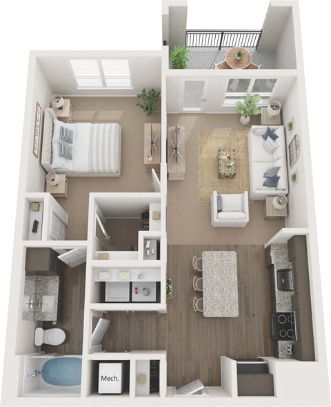 Floor plan for 1 bed, 1 bath, 750 sqft