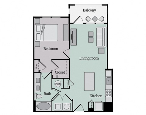 Floor plan for 1 bed, 1 bath, 757 sqft