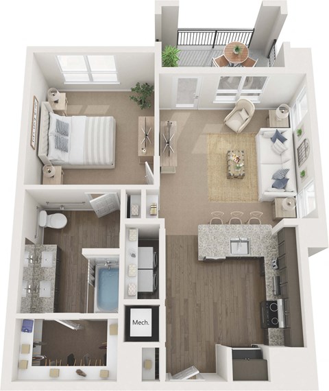 Floor plan for 1 bed, 1 bath, 750 sqft