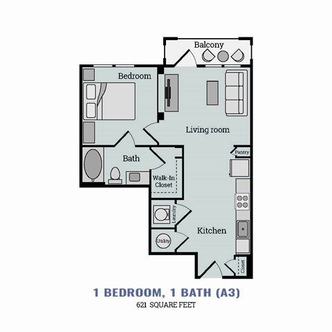Floor plan for 1 bed, 1 bath, 621 sqft