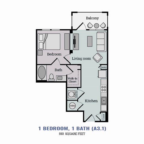 Floor plan for 1 bed, 1 bath, 593 sqft