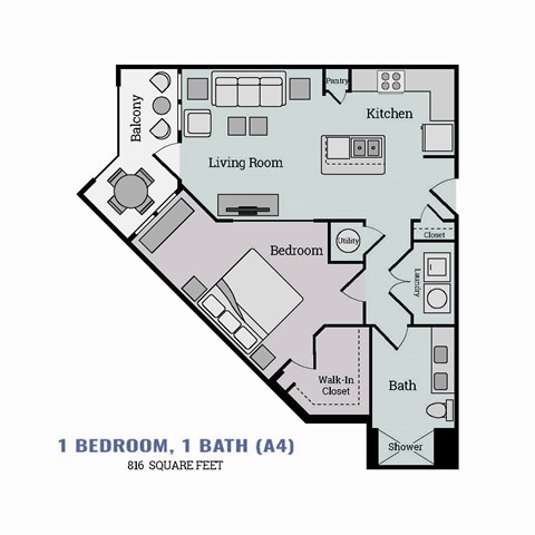 Floor plan for 1 bed, 1 bath, 816 sqft