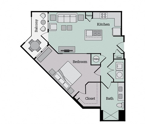 Floor plan for 1 bed, 1 bath, 806 sqft