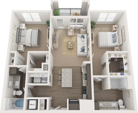 Floor plan for 2 beds, 2 baths, 1108 sqft