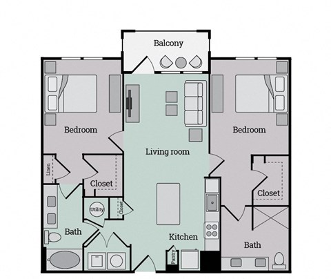 Floor plan for 2 beds, 2 baths, 1092 sqft