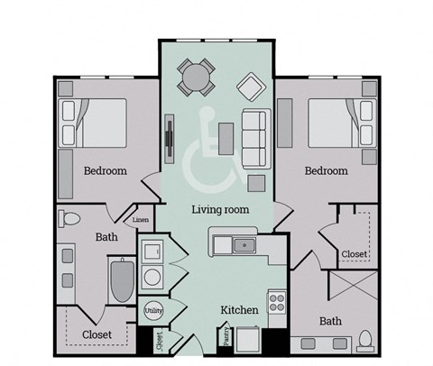 Floor plan for 2 beds, 2 baths, 1168 sqft
