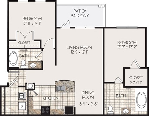 Floor plan for 2 beds, 2 baths, 1166 sqft