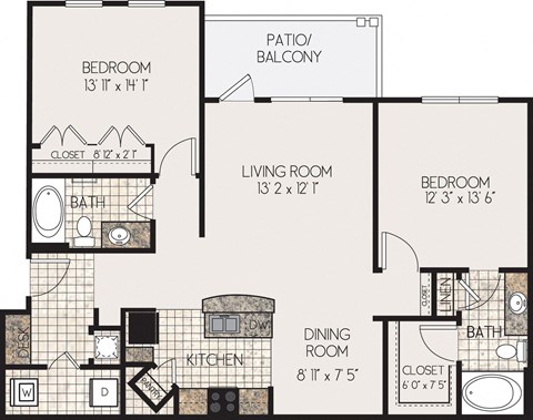 Floor plan for 2 beds, 2 baths, 1166 sqft