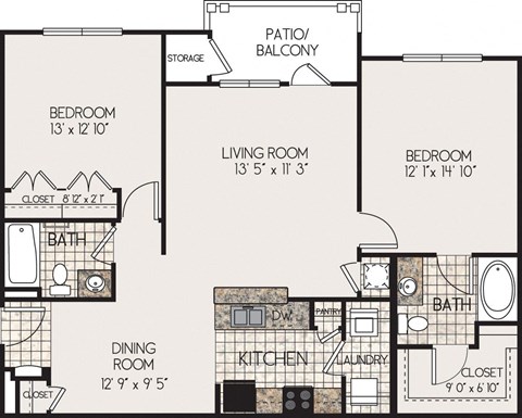 Floor plan for 2 beds, 2 baths, 1174 sqft
