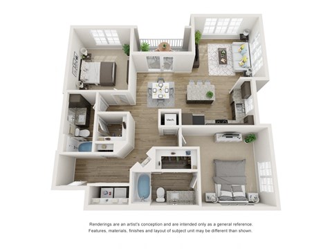 Floor plan for 2 beds, 2 baths, 1207 sqft