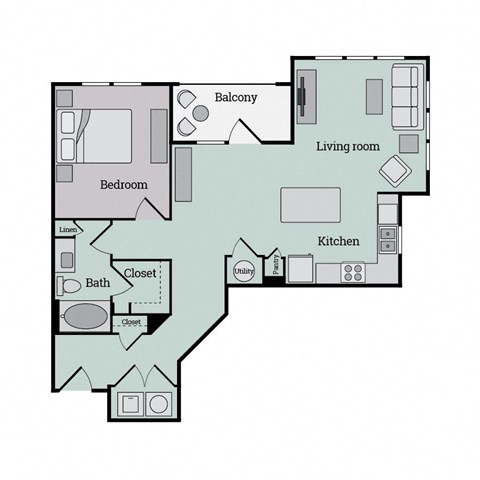 Floor plan for 1 bed, 1 bath, 901 sqft