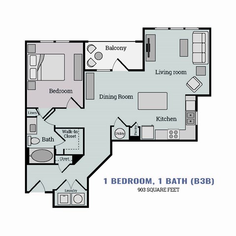 Floor plan for 1 bed, 1 bath, 903 sqft