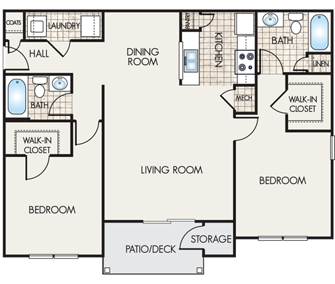 Floor plan for 2 beds, 2 baths, 1130 sqft
