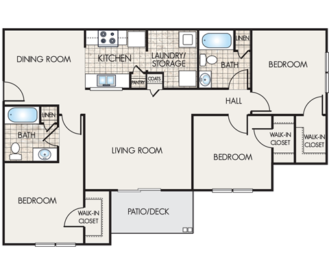 Floor plan for 3 beds, 2 baths, 1280 sqft