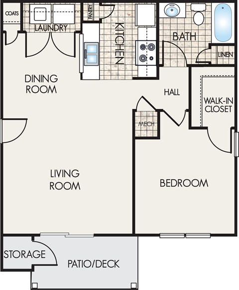 Floor plan for 1 bed, 1 bath, 800 sqft