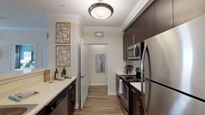 Charlotte apartment for rent - Upgraded kitchen with quartz countertops; wood plank floors; stainless steel appliances; separate laundry room; open to living room