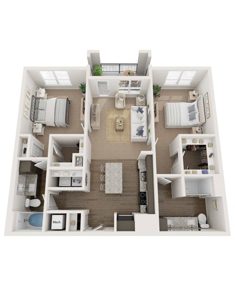 Floor plan for 2 beds, 2 baths, 1131 sqft