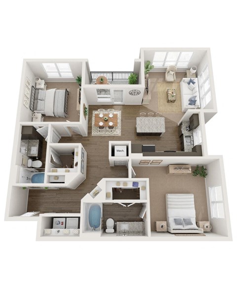 Floor plan for 2 beds, 2 baths, 1222 sqft