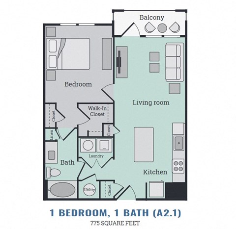 Floor plan for 1 bed, 1 bath, 775 sqft