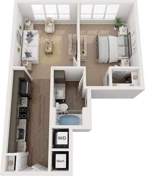Floor plan for 1 bed, 1 bath, 672 sqft