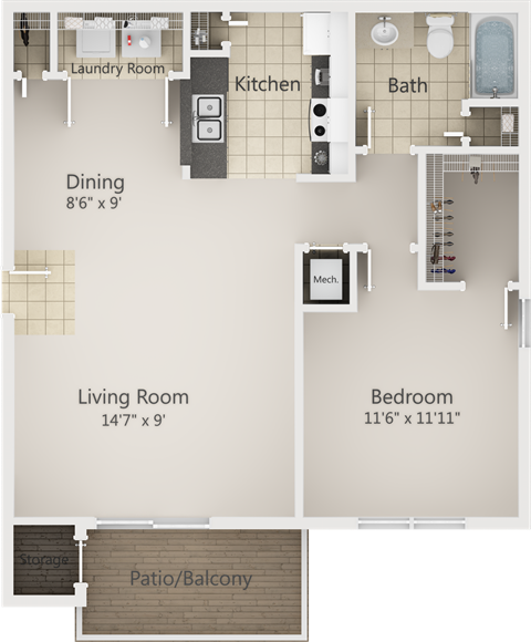 Floor plan for 1 bed, 1 bath, 484 sqft