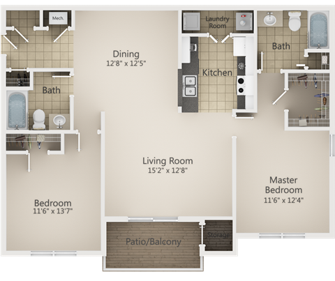 Floor plan for 2 beds, 2 baths, 1000 sqft