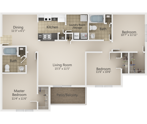 Floor plan for 3 beds, 2 baths, 1500 sqft