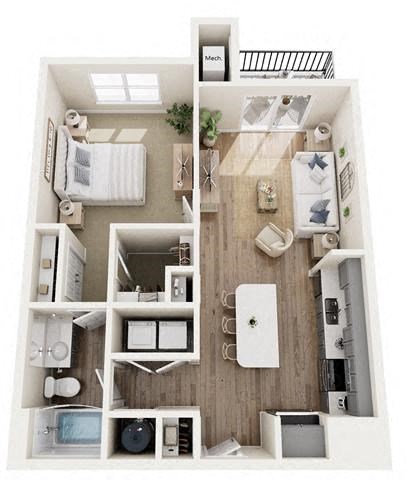 Floor plan for 1 bed, 1 bath, 750 sqft