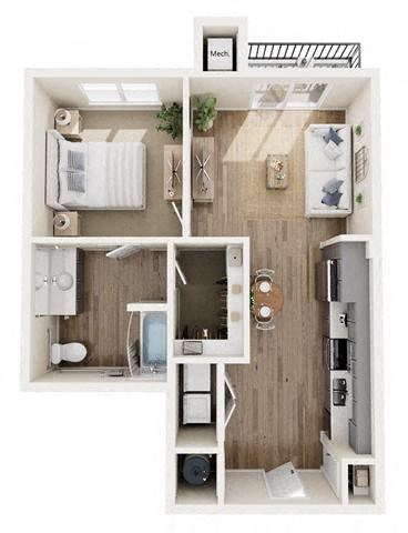 Floor plan for 1 bed, 1 bath, 690 sqft