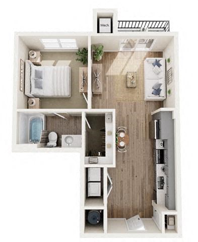 Floor plan for 1 bed, 1 bath, 646 sqft