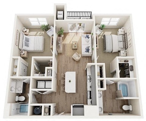 Floor plan for 2 beds, 2 baths, 1108 sqft