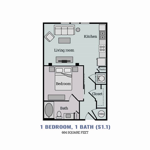 Floor plan for 1 bed, 1 bath, 604 sqft