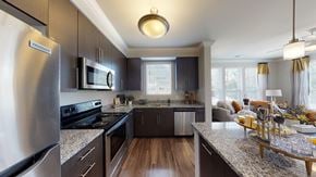 Raleigh apartment for rent - Kitchen with island, dark cabinets, vinyl floors and granite countertops