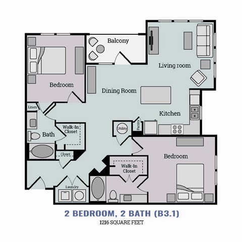 Floor plan for 2 beds, 2 baths, 1216 sqft