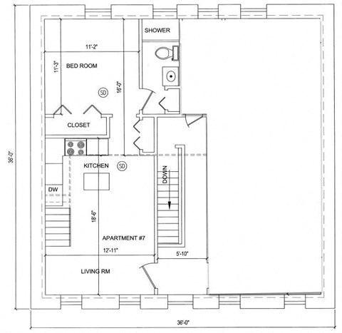 Floor plan for 1 bed, 1 bath