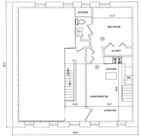 Floor plan for 1 bed, 1 bath