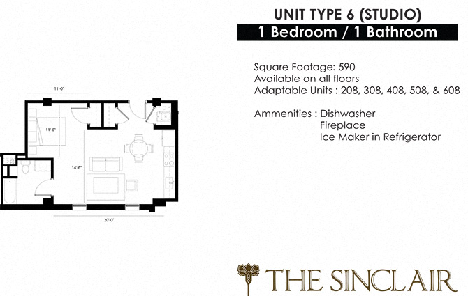 Floor plan for 1 bed, 1 bath, 590 sqft