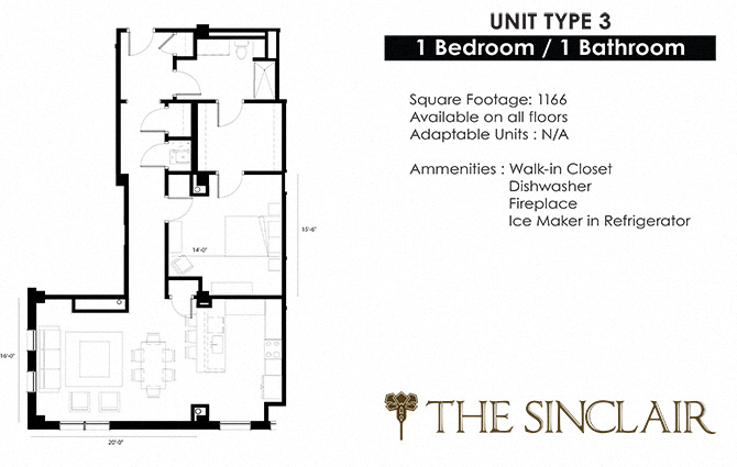 Floor plan for 1 bed, 1 bath, 1168 sqft