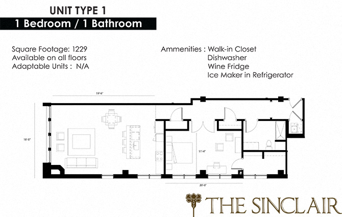 Floor plan for 1 bed, 1 bath, 1229 sqft