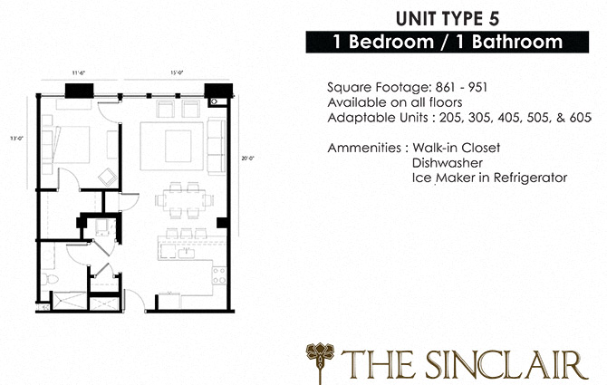 Floor plan for 1 bed, 1 bath, 949 sqft