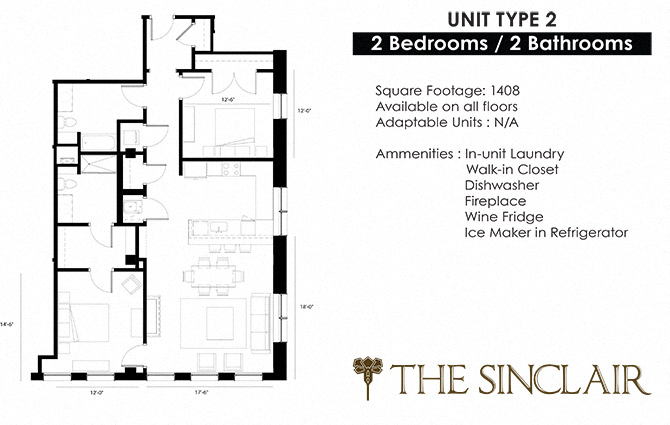 Floor plan for 2 beds, 2 baths, 1408 sqft