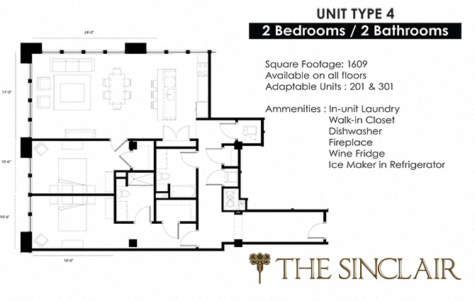 Floor plan for 2 beds, 2 baths, 1609 sqft