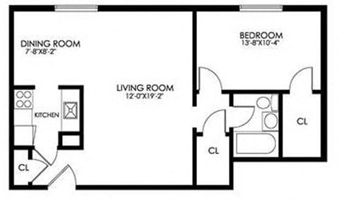 Floor plan for 1 bed, 1 bath, 668 sqft