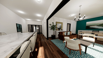 Oklahoma City apartment for rent - a rendering of a living room and dining room with a table and chairs