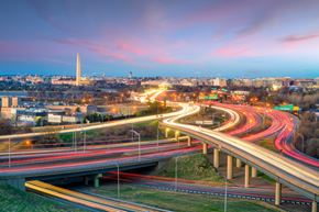 Mount Rainier apartment for rent - A highway with multiple lanes of traffic leading towards the Washington Monument.