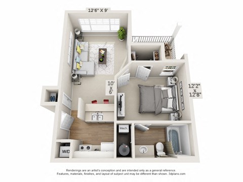 Floor plan for 1 bed, 1 bath, 563 sqft