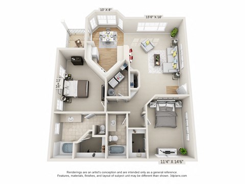 Floor plan for 2 beds, 2 baths, 1255 sqft