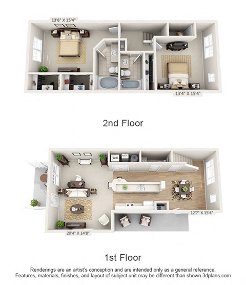 Floor plan for 2 beds, 2.5 baths, 1389 sqft
