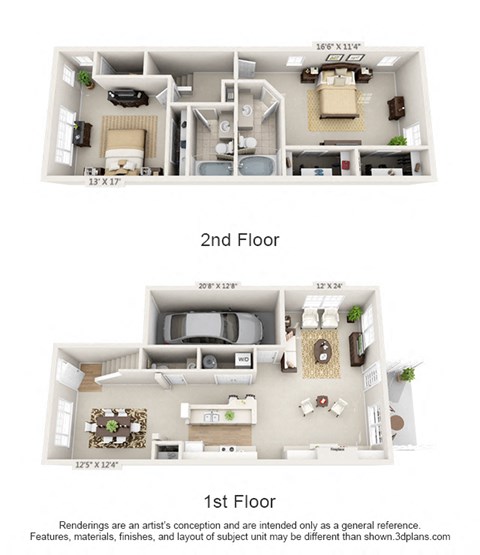 Floor plan for 2 beds, 2.5 baths, 1498 sqft