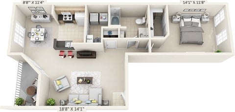 Floor plan for 1 bed, 1 bath, 900 sqft
